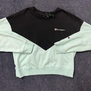 Champion Sweatshirt Womens Large Black Mint Colorblock Cropped Crewneck Logo